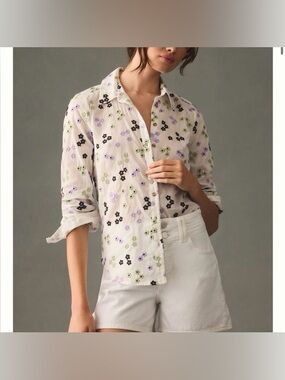Maeve By Anthropologie Embroidered Floral Button Down Long Sleeve Blouse Size XS